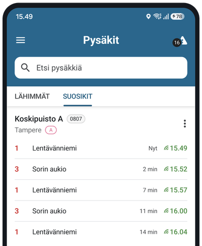 Suosikkinäkymä tallennetuista pysäkeistä ja linjoista
