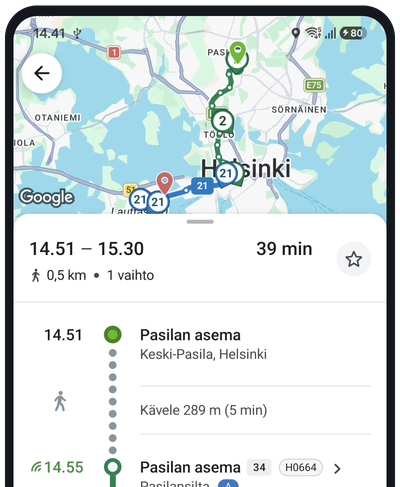 Reittiohjenäkymä vaihtoineen ja saapumisaikoineen