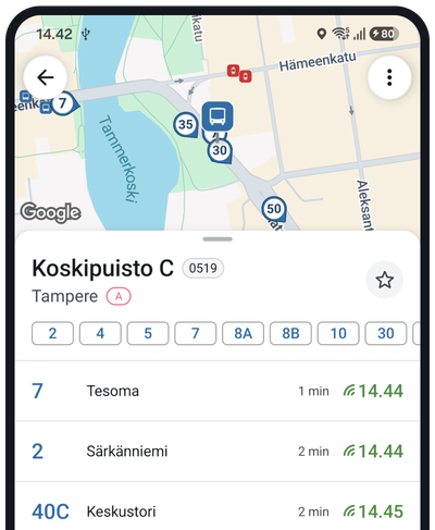 Pysäkkinäkymä, jossa reaaliaikaiset lähtöajat