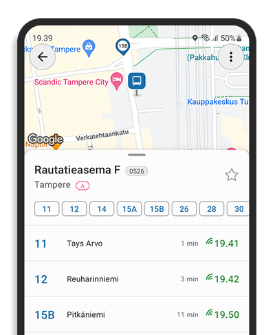 Puhelin jossa Nysse pysäkin reaaliaikaiset aikataulut.